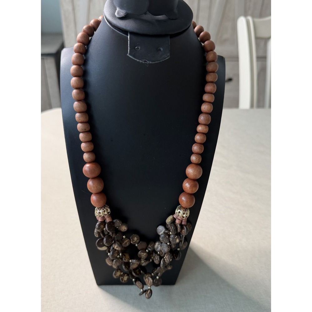 Boho Wood Bead Statement Necklace Coconut Shell Cluster Artisan‎ Brown Handmade